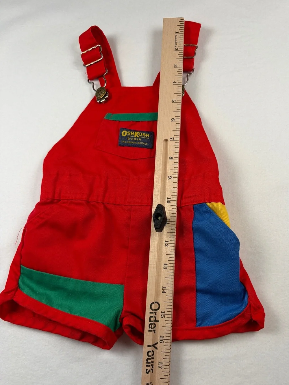 Vintage Oshkosh Primary Color Block Short Overalls Shortalls Romper USA Made 12M